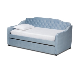Baxton Studio Freda Traditional and Transitional Light Blue Velvet Fabric Upholstered and Button Tufted Twin Size Daybed with Trundle